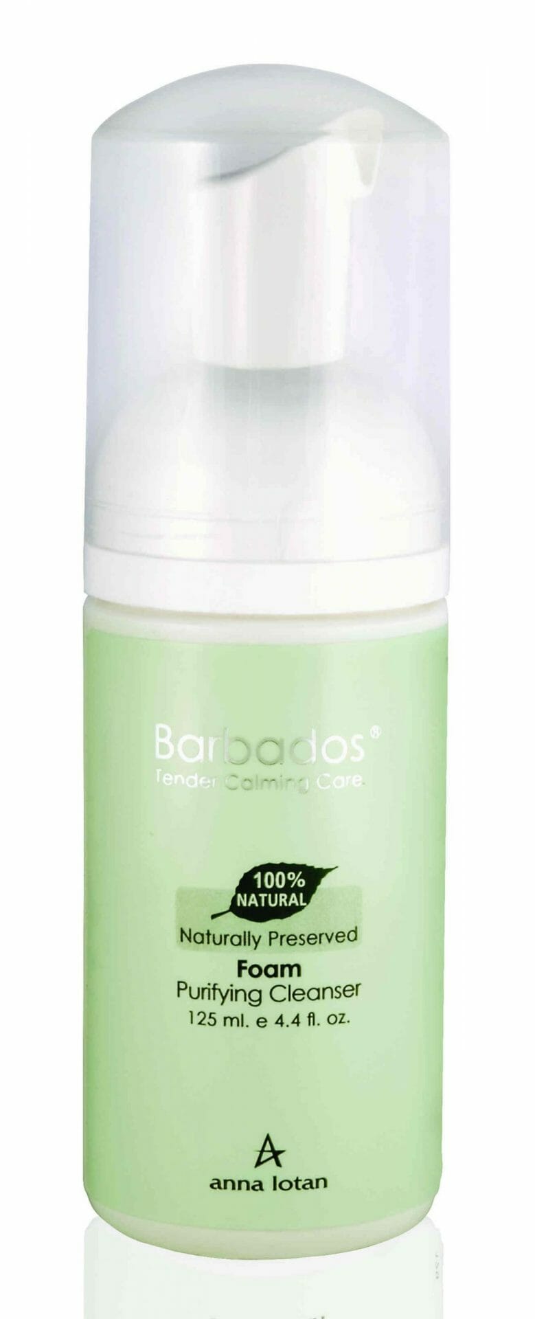 Anna Lotan Barbados Foam Purifying Cleanser prausimosi putos, 125ml buteliukas baltame fone