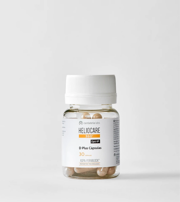 HELIOCARE 360 D Plus maisto papildas – dėžutė ir buteliukas, 30 kapsulių