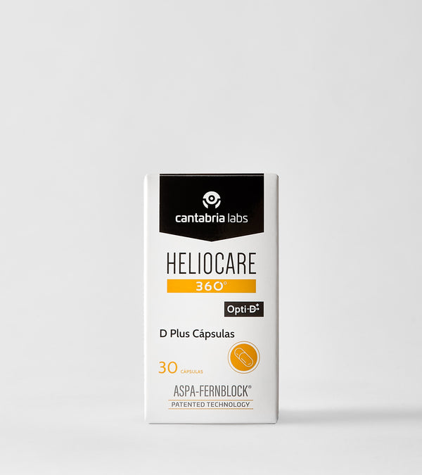 HELIOCARE 360 D Plus dėžutė ir buteliukas su kapsulėmis