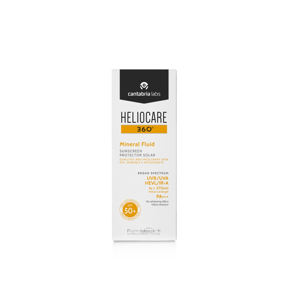 Heliocare 360 Mineral Fluidas SPF50, 50 ml tūbelė baltame fone
