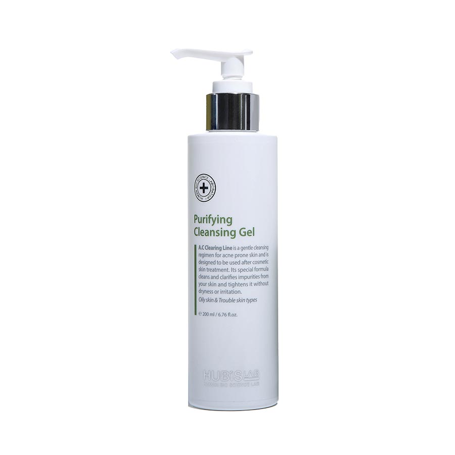 HUBISLAB Active Control gelinis veido prausiklis, 200 ml buteliukas su pompa baltame fone