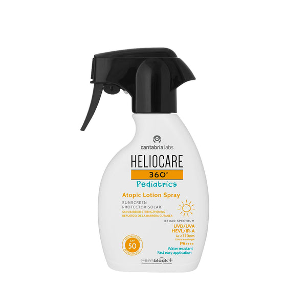 Heliocare 360 Pediatrics purškiama apsauga atopinei vaikų ir kūdikių odai SPF50, 250 ml – dėžutė ir buteliukas