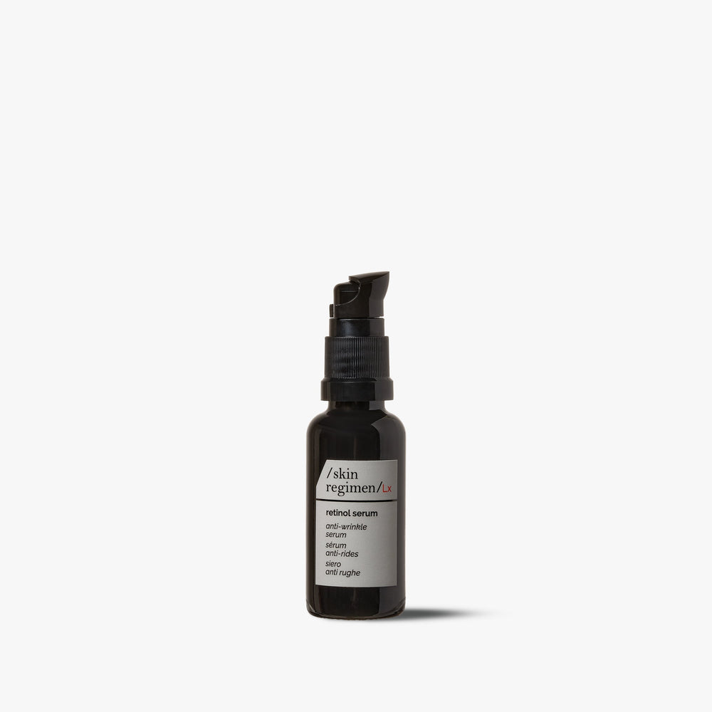 Skin Regimen LX Retinolio serumas 30 ml – dėžutė ir buteliukas su dozatoriumi baltame fone