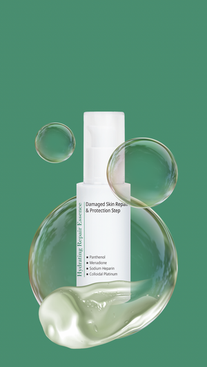 THESERA Hydrating Repair veido serumas, 30 ml, reklaminis vaizdas su serumo tekstūra ir burbulais
