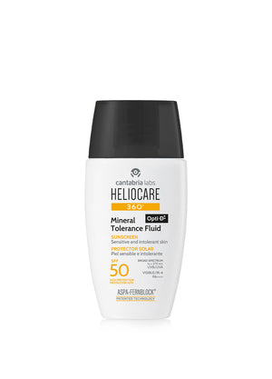 HELIOCARE 360 Mineral Tolerance Fluidas SPF50, 50 ml buteliukas baltame fone