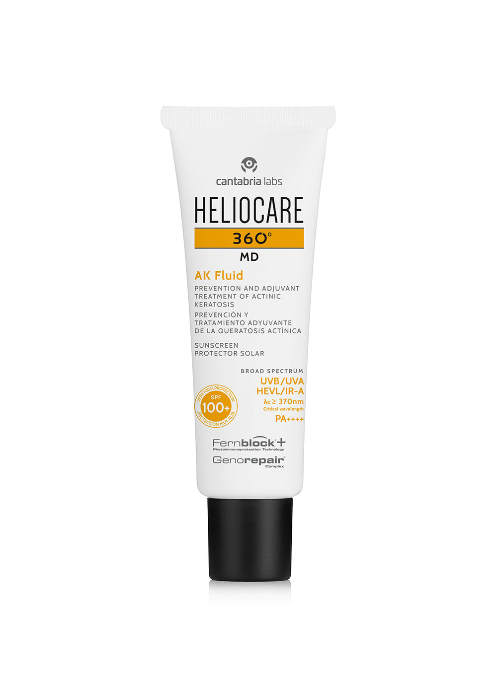 HELIOCARE 360 MD AK Fluidas SPF 100+, 50 ml – tūbelė baltame fone