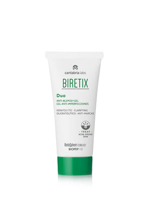 BIRETIX Duo Anti-Blemish gelis, 30 ml tūbelė baltame fone