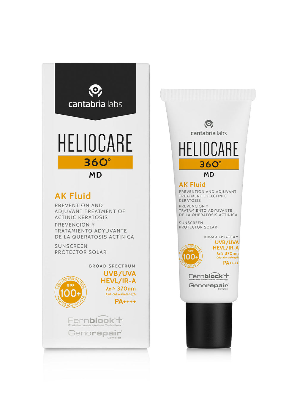 HELIOCARE 360 MD AK Fluidas SPF 100+, 50 ml – tūbelė baltame fone