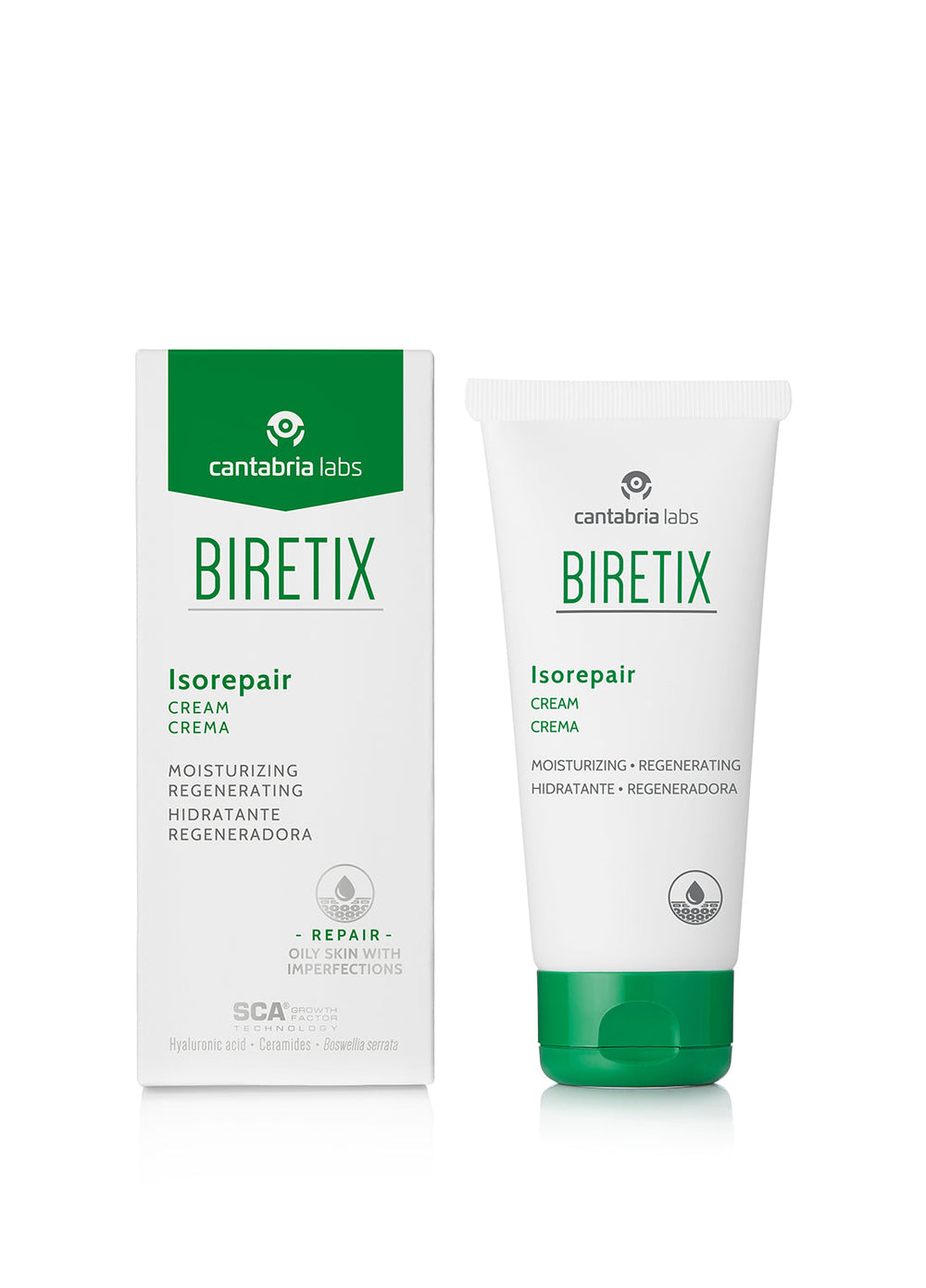 BIRETIX Isorepair veido kremas, 50 ml tūbelė baltame fone