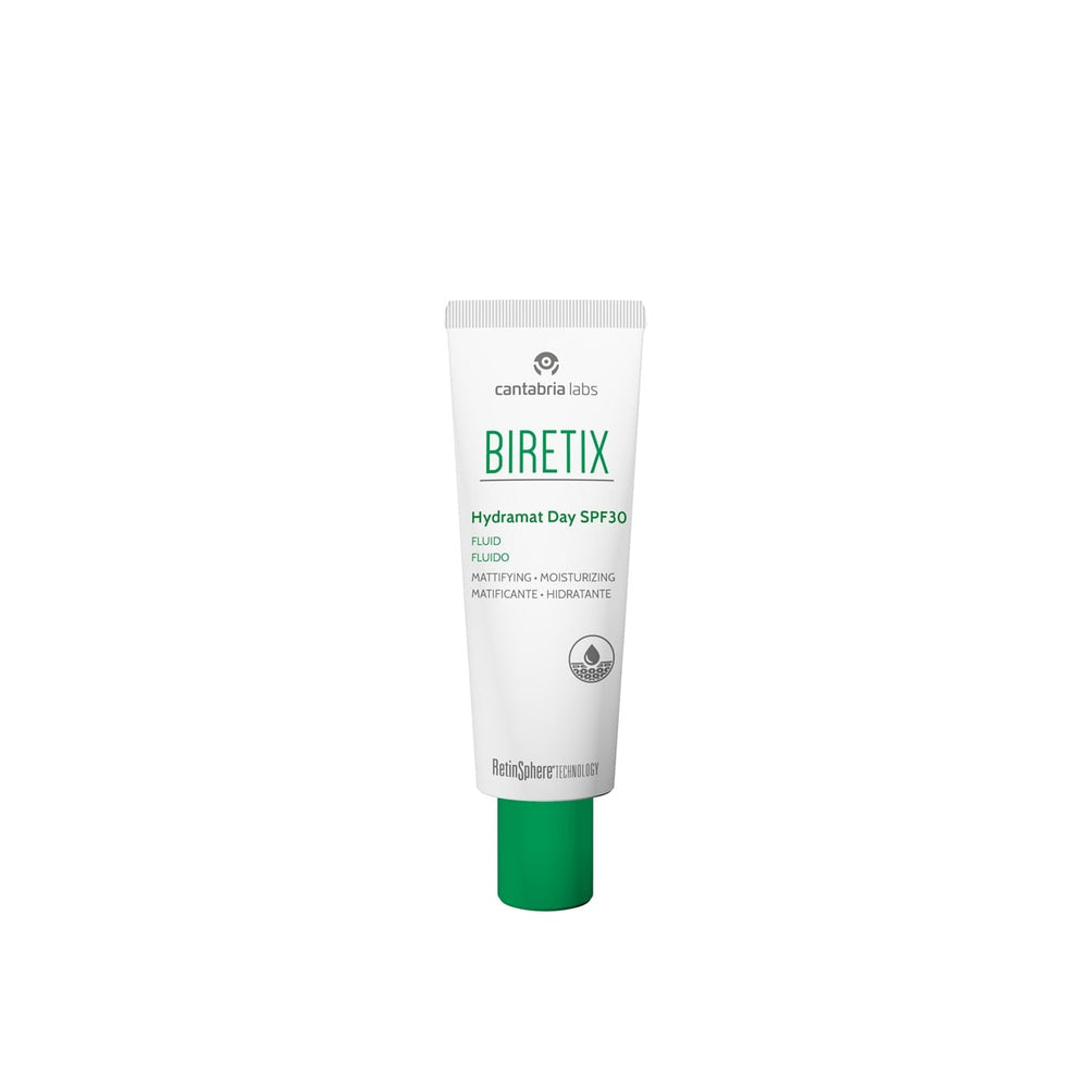 BIRETIX Hydramat Day SPF30 fluidas, 50 ml – buteliukas baltame fone