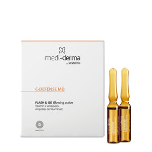 Mediderma C-Defense MD Flash & Go skaistinančios ampulės su vitaminu C, 5x2 ml – dėžutė ir ampulės