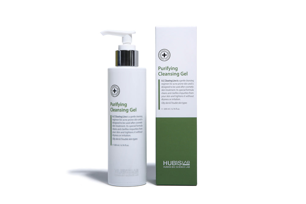 HUBISLAB Active Control gelinis veido prausiklis, 200 ml buteliukas su pompa baltame fone