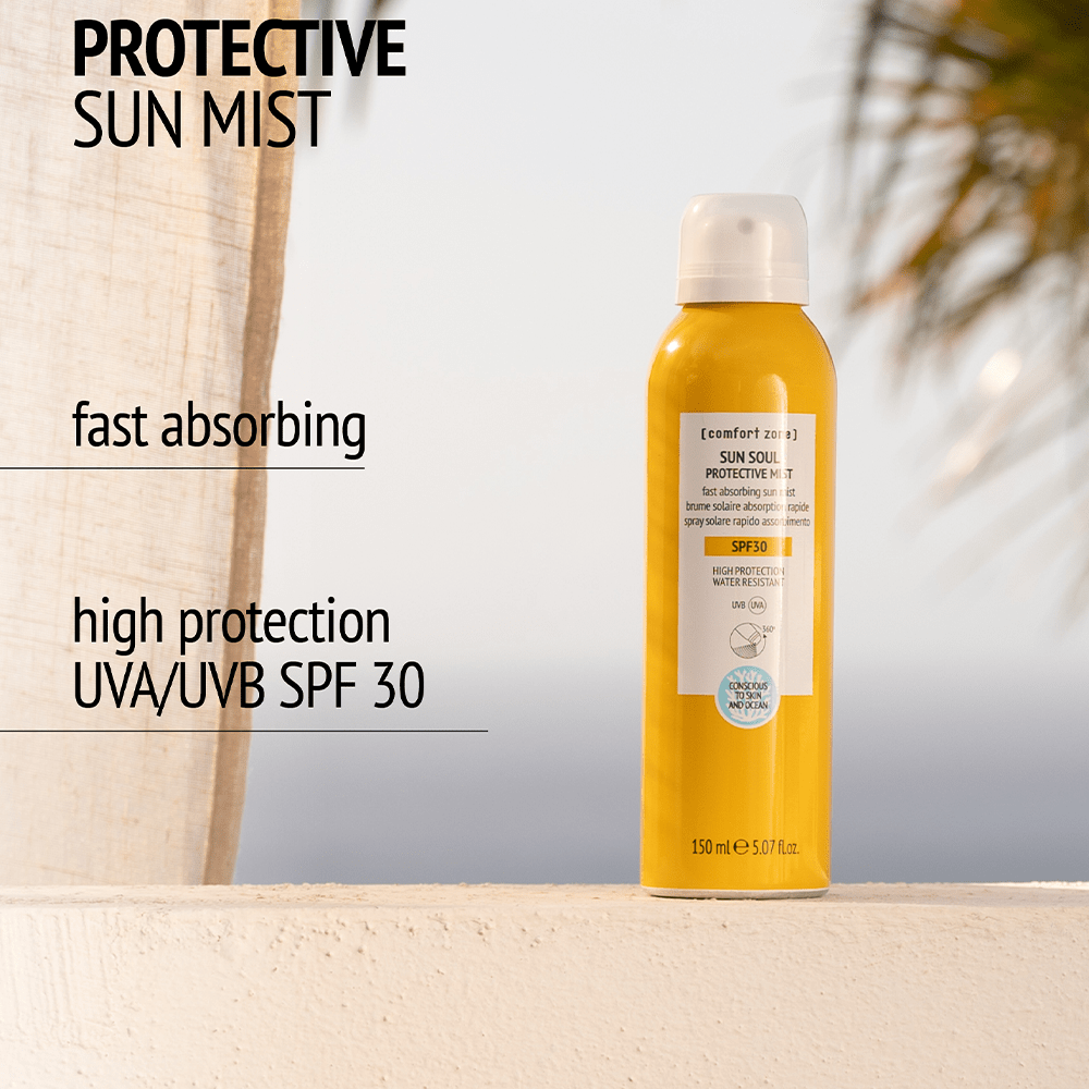 Comfort Zone Sun Soul Protective Mist SPF30 purškiama dulksna nuo saulės, 150 ml, baltame fone