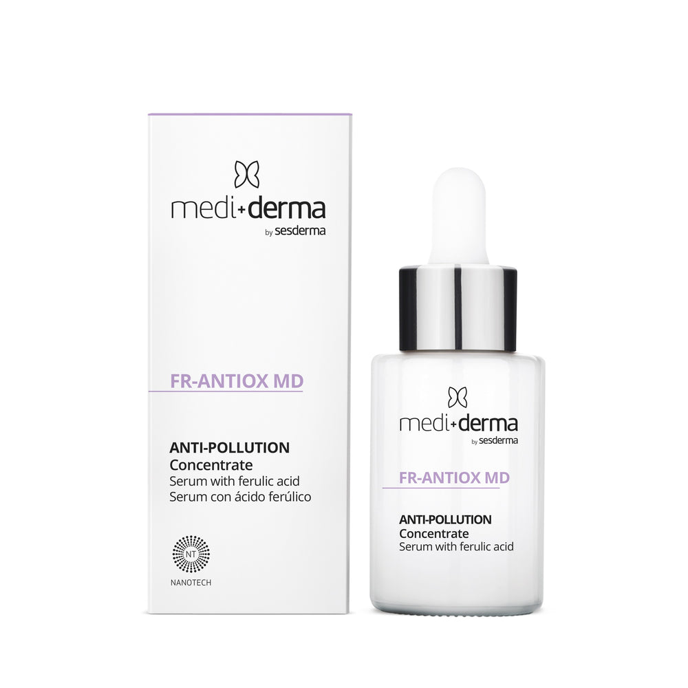 FR-ANTIOX MD Anti-Pollution serumas su antioksidantais, 30 ml – Mediderma buteliukas su dėžute baltame fone