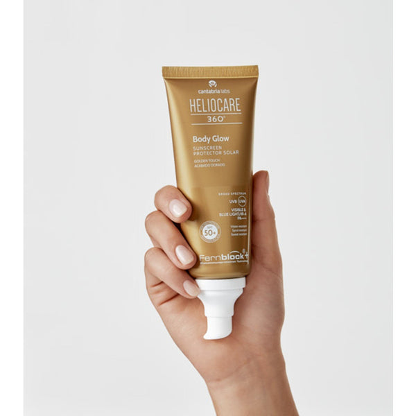 HELIOCARE 360 BODY GLOW SPF50+ dėžutės galinė pusė su naudojimo instrukcijomis