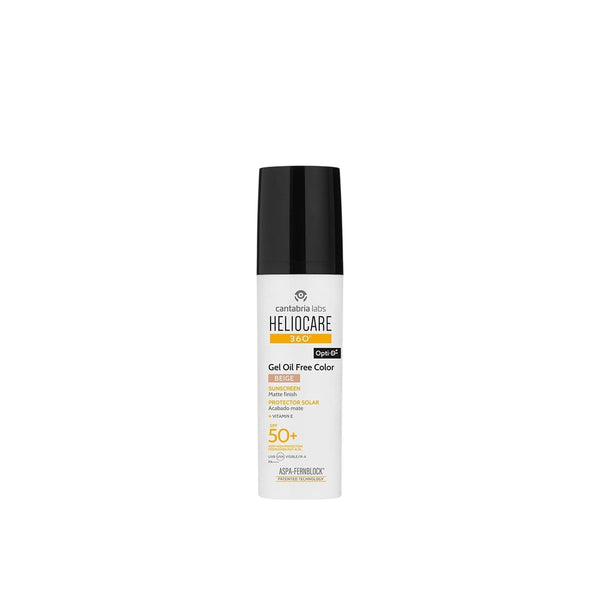 HELIOCARE 360 Color Gel Oil-Free SPF 50+ Beige 50ml – buteliukas ir dėžutė baltame fone