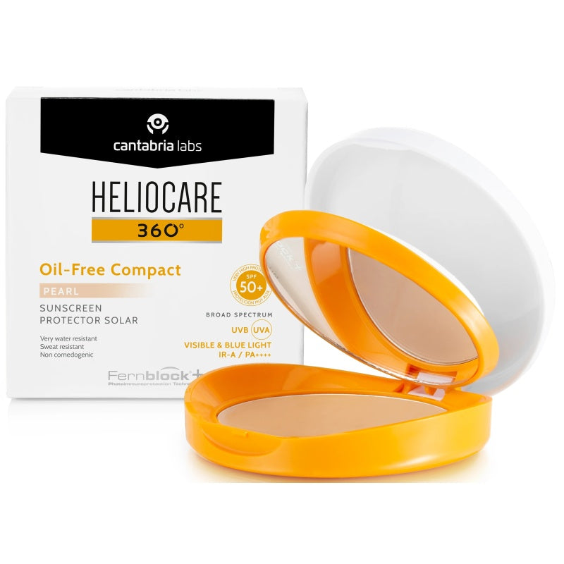 HELIOCARE 360 Oil-Free kompaktinė pudra SPF50 Pearl - atidaryta pakuotė su veidrodėliu ir kempinėle