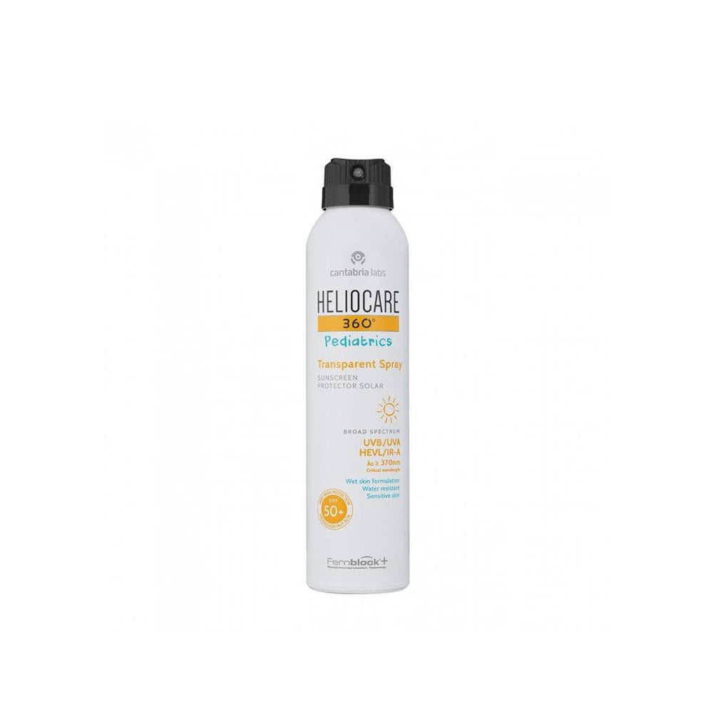 Heliocare 360 Pediatrics Transparent purškiama apsauginė priemonė vaikams SPF50+, 200 ml buteliukas baltame fone