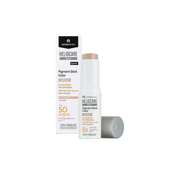 HELIOCARE 360 Pigmentinis pieštukas SPF50, Beige atspalvis, 10 g – uždarytas pieštukas šalia pakuotės dėžutės, baltas fonas