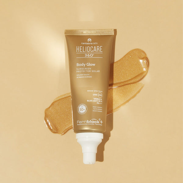 HELIOCARE 360 BODY GLOW SPF50+ auksinio gelio tekstūra ir švytėjimo efektas