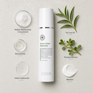 HUBISLAB Active Control veido drėkiklis 120 ml su ingredientų vizualais