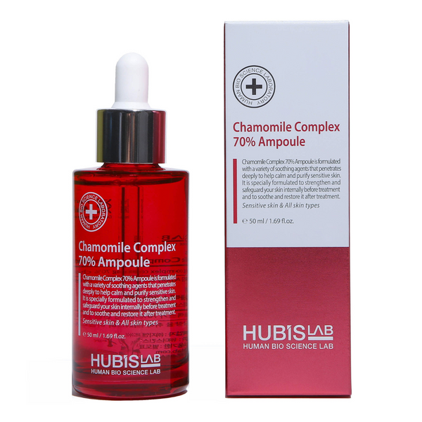HUBISLAB ampulė su 70% ramunėlių kompleksu, 50 ml, buteliukas ir dėžutė