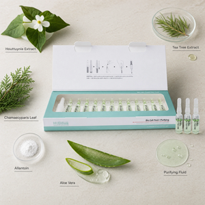 HUBISLAB BIO CELL valomasis fluidas, 12 x 2 ml – produkto pakuotė, ampulės ir ingredientai
