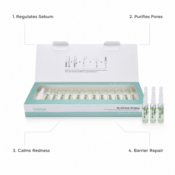 HUBISLAB BIO CELL valomasis fluidas, 12 x 2 ml – atidaryta pakuotė, ampulės ir produkto privalumai