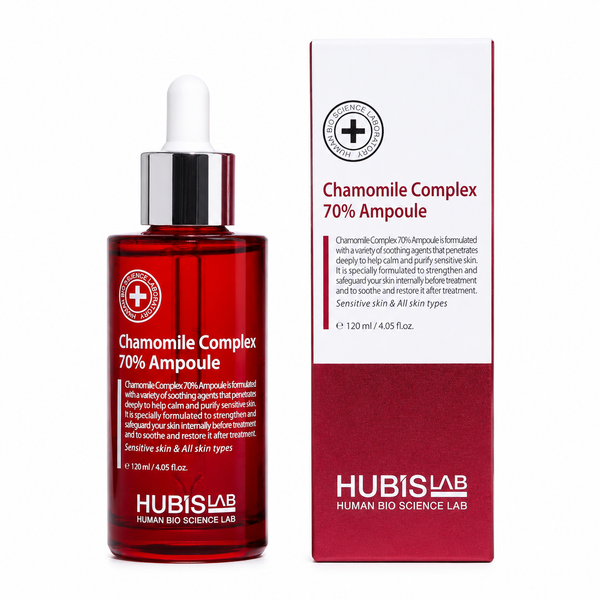 HUBISLAB ampulė su 70% ramunėlių kompleksu ir pakuotė, baltame fone