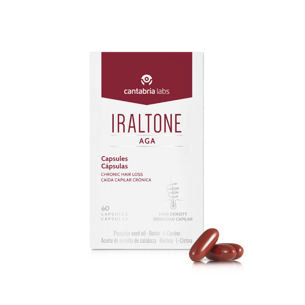 IRALTONE AGA maisto papildas, 60 kapsulių – dėžutė ir buteliukas su kapsulėmis