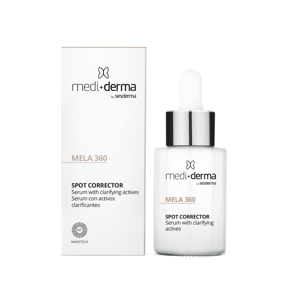 Mediderma MELA 360 Spot Corrector depigmentuojantis liposominis serumas, 30 ml, dėžutė ir buteliukas su pipete