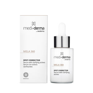 Mediderma MELA 360 Spot Corrector depigmentuojantis liposominis serumas, 30 ml, dėžutė ir buteliukas su pipete