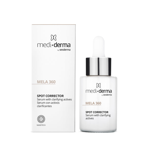 Mediderma MELA 360 Spot Corrector depigmentuojantis liposominis serumas, 30 ml, dėžutė ir buteliukas su pipete