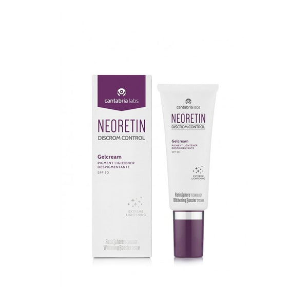 NEORETIN Discrom Control gelinis veido kremas SPF 50, 40 ml, dėžutė ir tūbelė