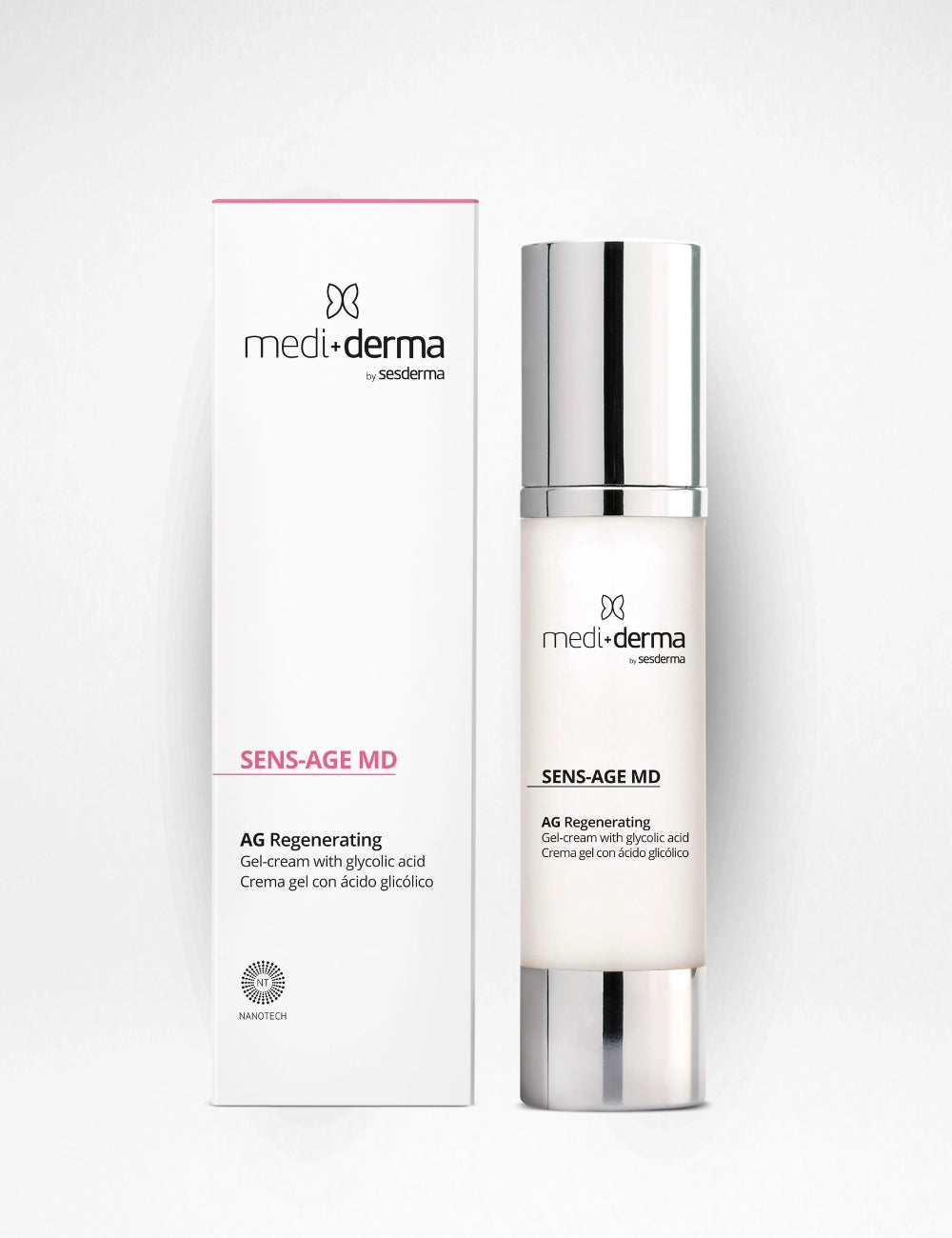 SENS-AGE MD AG Regenerating gelinis kremas su glikolio rūgštimi, 50 ml – Mediderma dėžutė ir dozatoriaus buteliukas