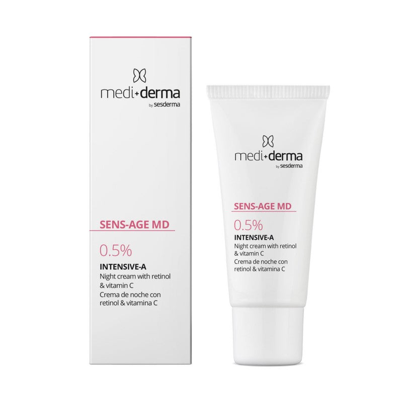 SENS-AGE MD Intensive-A naktinis veido kremas su 0,5% retinolio, 30 ml – MEDI+DERMA tuba baltame fone