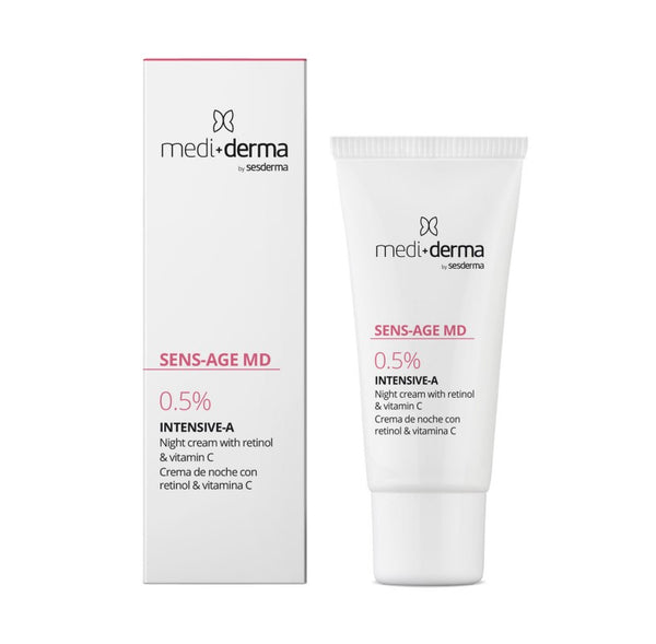 SENS-AGE MD Intensive-A naktinis veido kremas su 0,5% retinolio, 30 ml – MEDI+DERMA tuba baltame fone