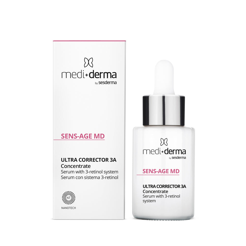 MEDI+DERMA SENS-AGE MD Ultra Corrector 3A serumas su retinoliu, 30 ml – dėžutė ir buteliukas su pipete baltame fone