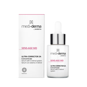 MEDI+DERMA SENS-AGE MD Ultra Corrector 3A serumas su retinoliu, 30 ml – dėžutė ir buteliukas su pipete baltame fone