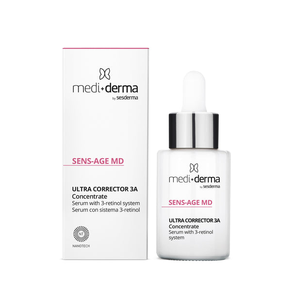 MEDI+DERMA SENS-AGE MD Ultra Corrector 3A serumas su retinoliu, 30 ml – dėžutė ir buteliukas su pipete baltame fone