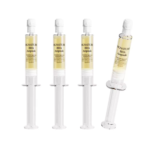 THESERA Signature BHA ampulė, 4 ml – pasvirusi ampulė su serumo lašeliu