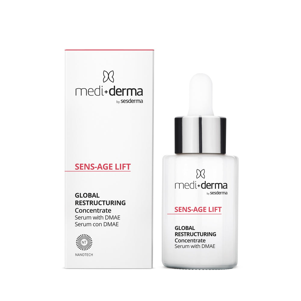 MEDI+DERMA SENS-AGE LIFT Global Restructuring Concentrate stangrinantis serumas, 30 ml – dėžutė ir buteliukas