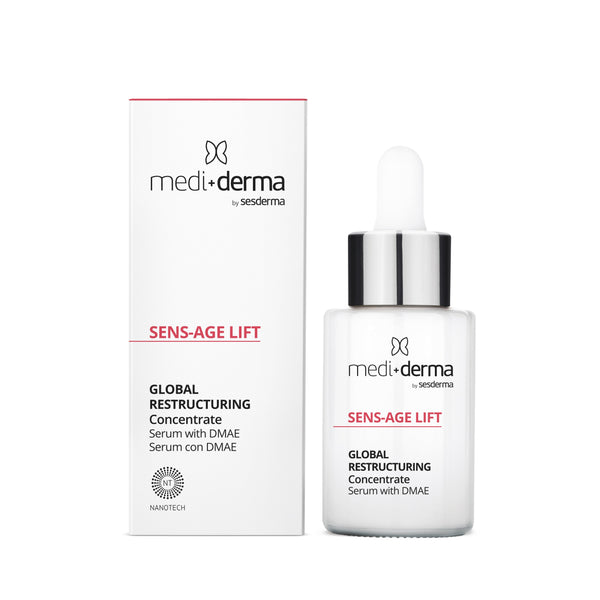 MEDI+DERMA SENS-AGE LIFT Global Restructuring Concentrate stangrinantis serumas, 30 ml – dėžutė ir buteliukas
